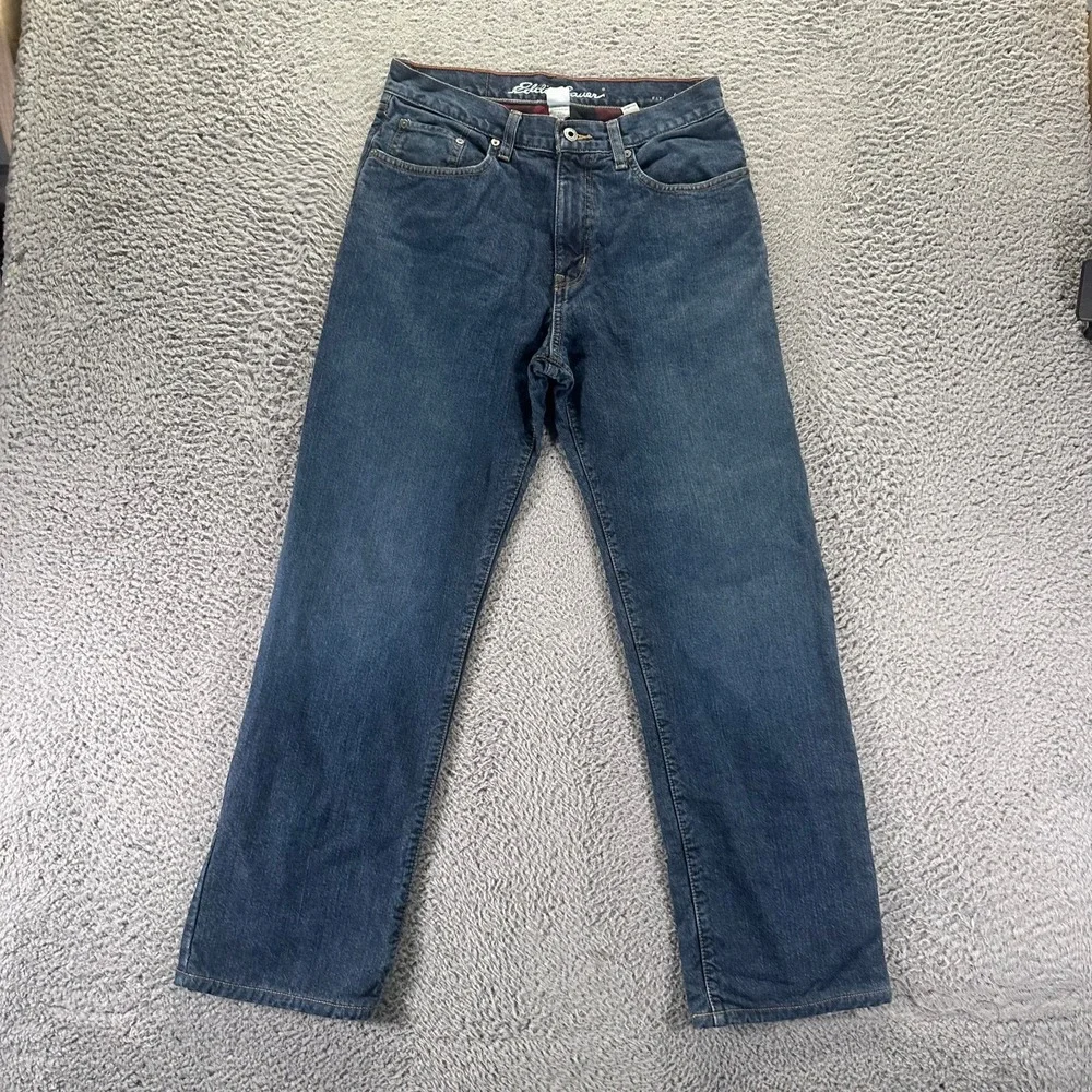 Eddie Bauer Jeans Mens 30x30 Blue Cotton Denim Straight Relaxed Flannel-Lined